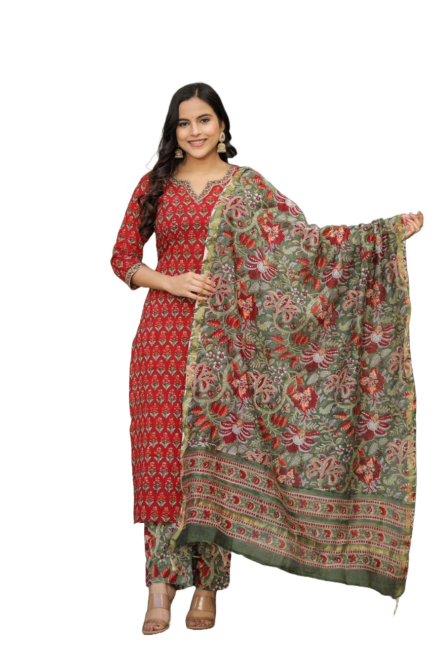 NOZ2TOZ Women's Floral Printed Knee Length Kurti And Pant Set With Printed Cotton Dupatta - Maroon - Distacart