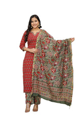 Thumbnail for NOZ2TOZ Women's Floral Printed Knee Length Kurti And Pant Set With Printed Cotton Dupatta - Maroon - Distacart