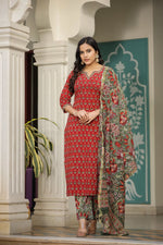 Thumbnail for NOZ2TOZ Women's Floral Printed Knee Length Kurti And Pant Set With Printed Cotton Dupatta - Maroon - Distacart