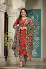 Thumbnail for NOZ2TOZ Women's Floral Printed Knee Length Kurti And Pant Set With Printed Cotton Dupatta - Maroon - Distacart