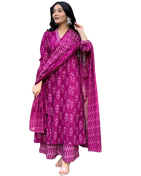 NOZ2TOZ Women's Floral Printed Knee Length Flared Rayon Kurti And Palazzo Set With Printed Cotton Dupatta - Purple - Distacart