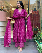 Thumbnail for NOZ2TOZ Women's Floral Printed Knee Length Flared Rayon Kurti And Palazzo Set With Printed Cotton Dupatta - Purple - Distacart