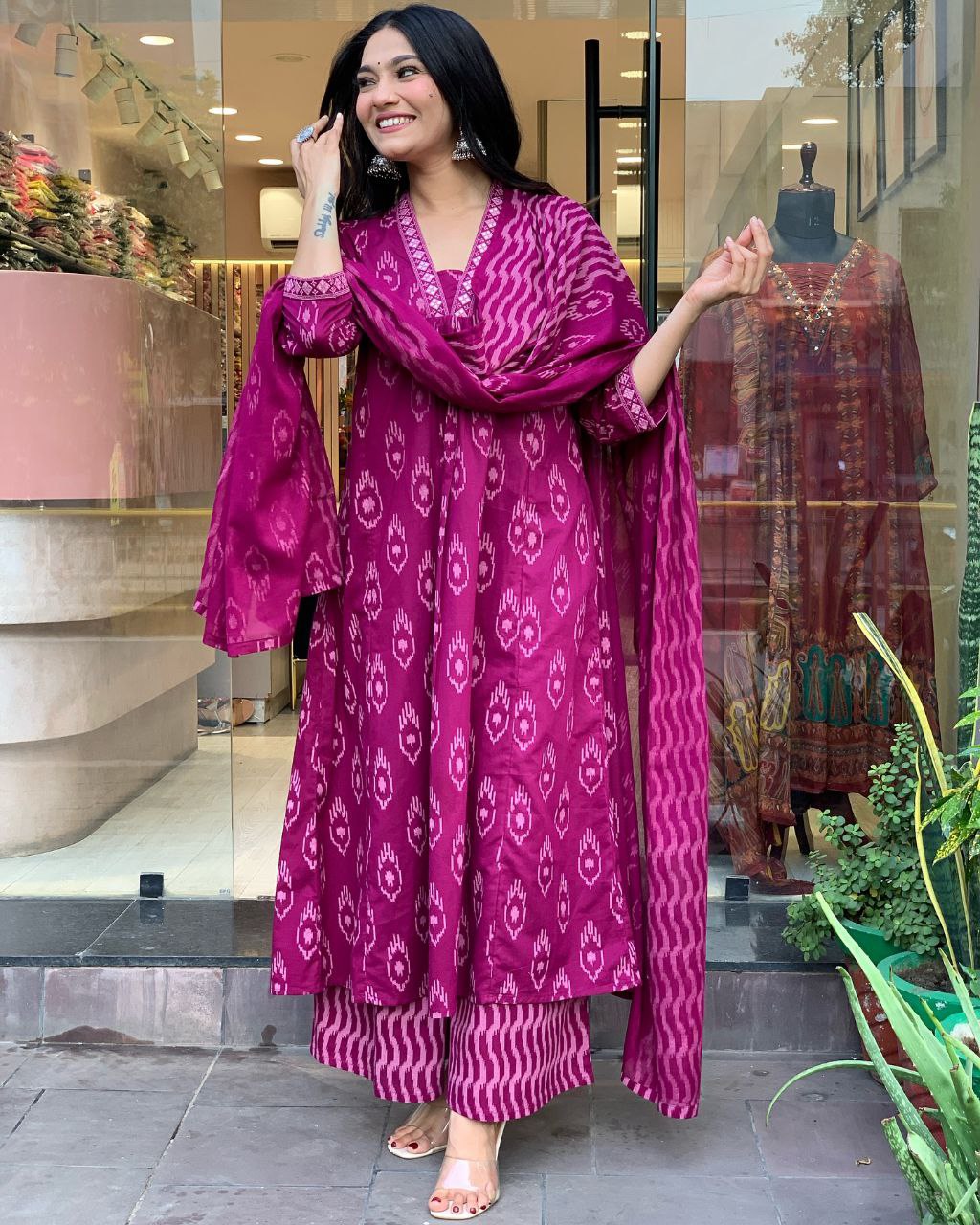 NOZ2TOZ Women's Floral Printed Knee Length Flared Rayon Kurti And Palazzo Set With Printed Cotton Dupatta - Purple - Distacart