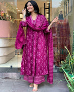 Thumbnail for NOZ2TOZ Women's Floral Printed Knee Length Flared Rayon Kurti And Palazzo Set With Printed Cotton Dupatta - Purple - Distacart