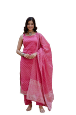 Thumbnail for NOZ2TOZ Women's Bandhni Printed Knee Length Sleeveless Rayon Kurti And Pant Set With Printed Dupatta - Pink - Distacart