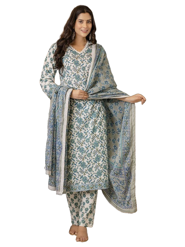 NOZ2TOZ Women's Knee Length Floral Printed Rayon Kurti And Pant Set With Printed Dupatta Set - Blue - Distacart
