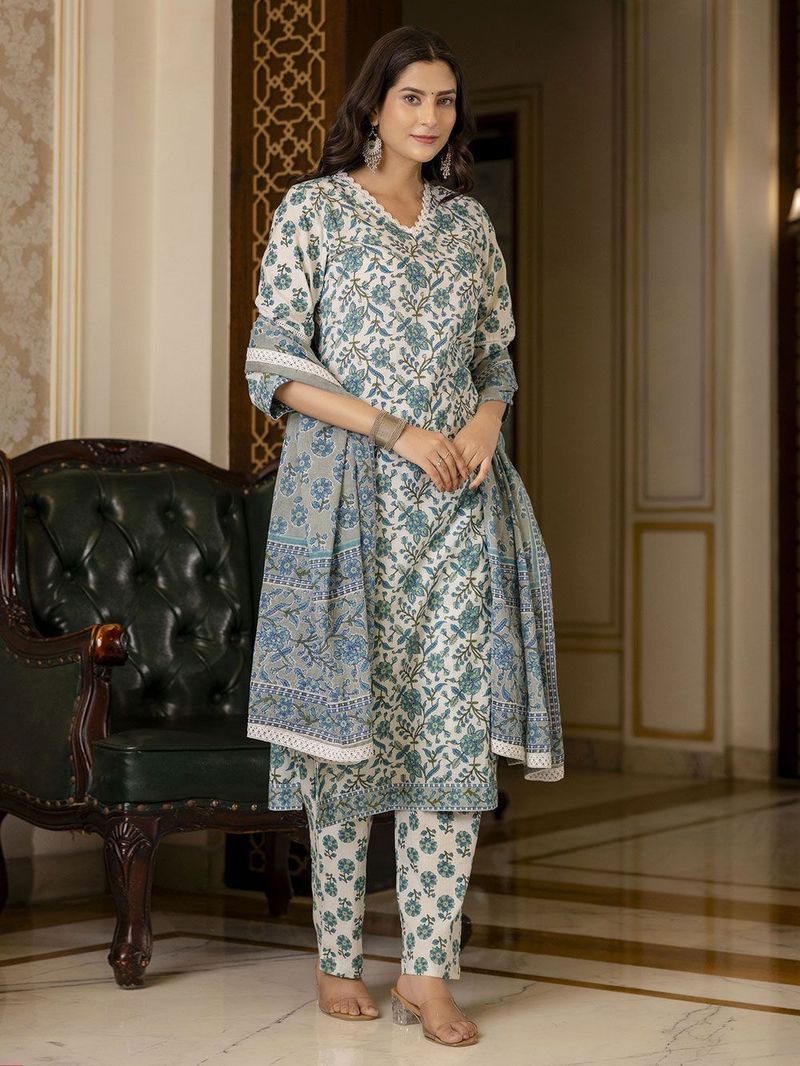 NOZ2TOZ Women's Knee Length Floral Printed Rayon Kurti And Pant Set With Printed Dupatta Set - Blue - Distacart
