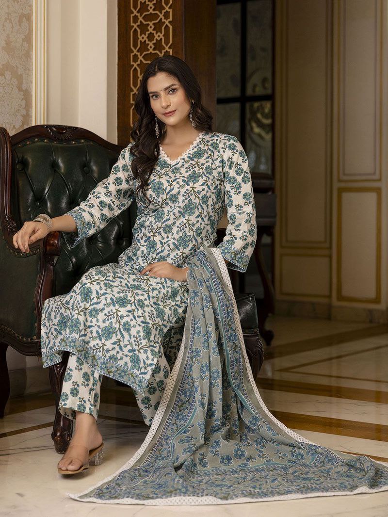 NOZ2TOZ Women's Knee Length Floral Printed Rayon Kurti And Pant Set With Printed Dupatta Set - Blue - Distacart