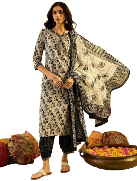NOZ2TOZ Women's Floral Printed Knee Length V Neck Kurti And Pant Set With Printed Dupatta - Black - Distacart