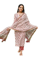 Thumbnail for NOZ2TOZ Women's Floral Printed Knee Length V Neck Kurta Set With Dupatta Set - White - Distacart