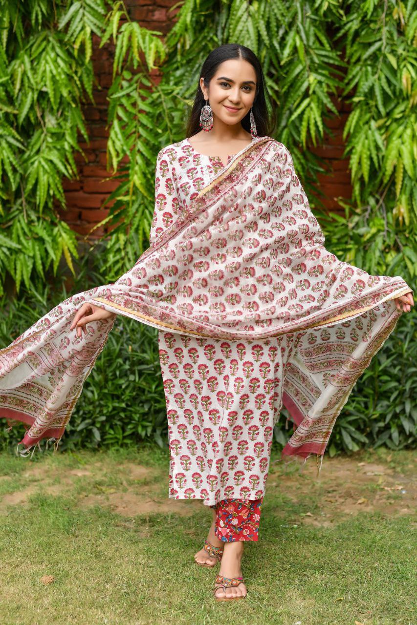 NOZ2TOZ Women's Floral Printed Knee Length V Neck Kurta Set With Dupatta Set - White - Distacart