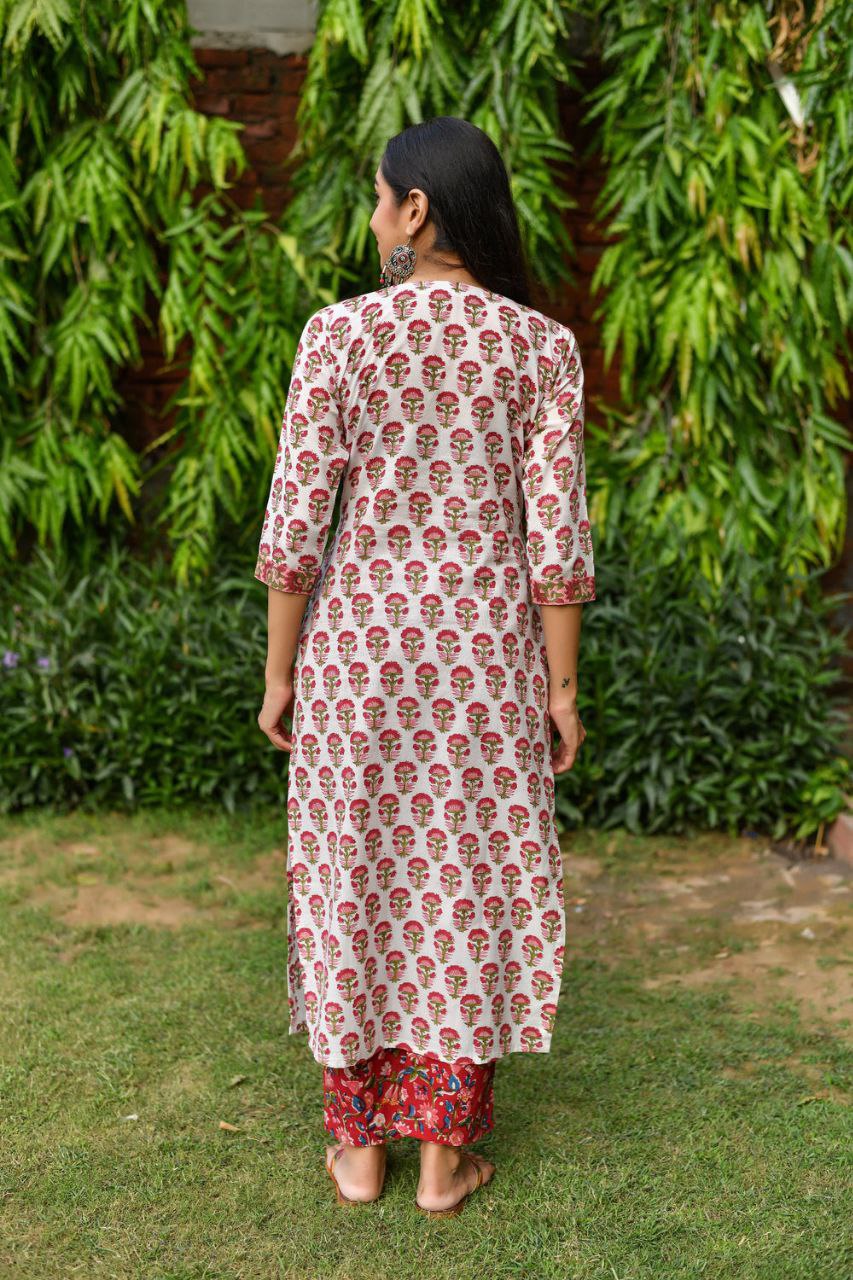 NOZ2TOZ Women's Floral Printed Knee Length V Neck Kurta Set With Dupatta Set - White - Distacart