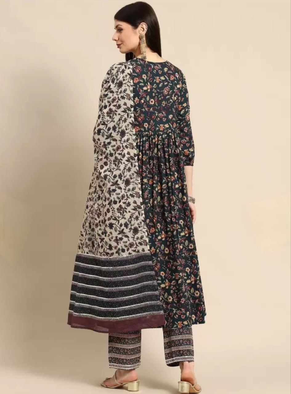 NOZ2TOZ Women Flared Printed Anarkali Kurti And Pant Set With Dupatta - Green - Distacart