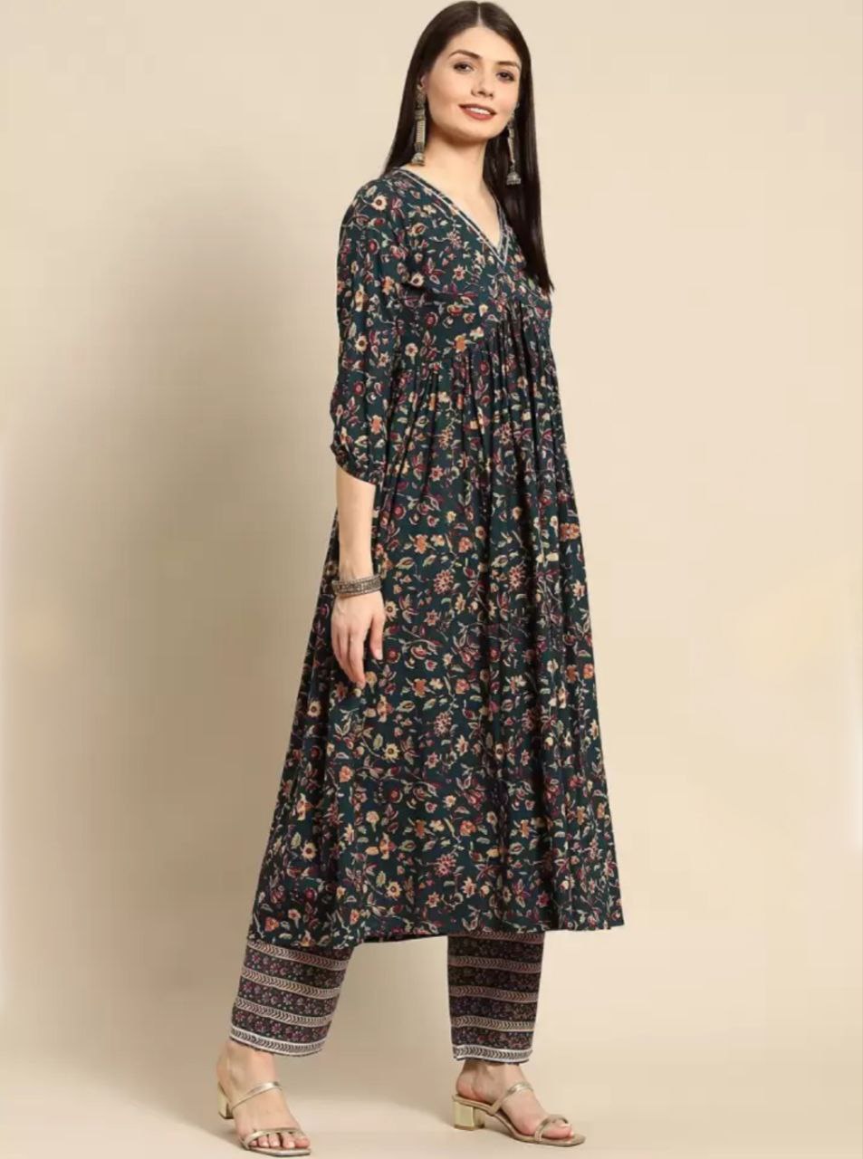 NOZ2TOZ Women Flared Printed Anarkali Kurti And Pant Set With Dupatta - Green - Distacart