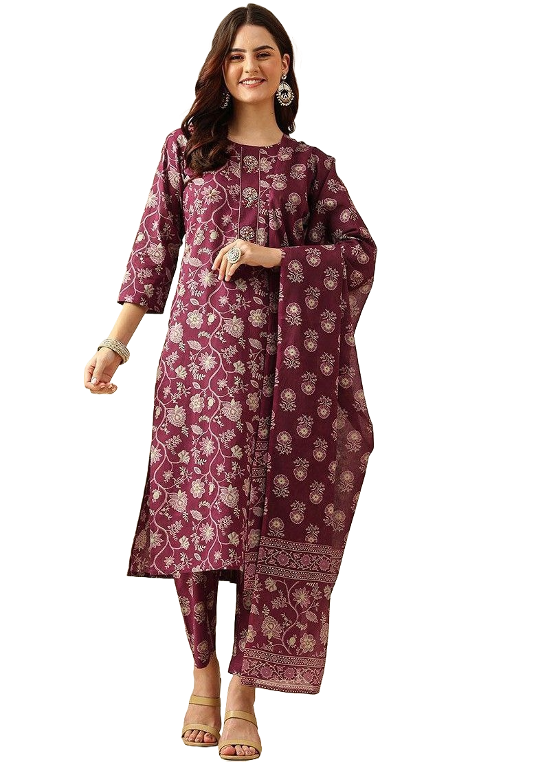NOZ2TOZ Women Floral Printed Knee Length V Neck Round Neck Kurta Set With Cotton Dupatta - Purple - Distacart