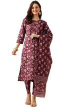 Thumbnail for NOZ2TOZ Women Floral Printed Knee Length V Neck Round Neck Kurta Set With Cotton Dupatta - Purple - Distacart