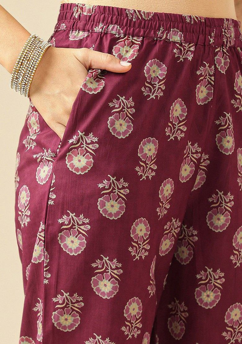 NOZ2TOZ Women Floral Printed Knee Length V Neck Round Neck Kurta Set With Cotton Dupatta - Purple - Distacart