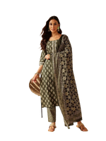 Thumbnail for NOZ2TOZ Women Floral Printed Knee Length V Neck Kurti And Pant Set With Cotton Dupatta - Green - Distacart