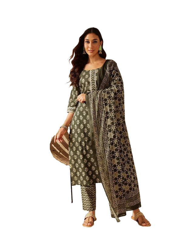 NOZ2TOZ Women Floral Printed Knee Length V Neck Kurti And Pant Set With Cotton Dupatta - Green - Distacart
