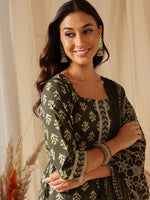 Thumbnail for NOZ2TOZ Women Floral Printed Knee Length V Neck Kurti And Pant Set With Cotton Dupatta - Green - Distacart