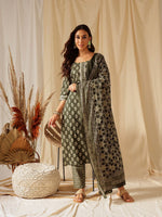 Thumbnail for NOZ2TOZ Women Floral Printed Knee Length V Neck Kurti And Pant Set With Cotton Dupatta - Green - Distacart