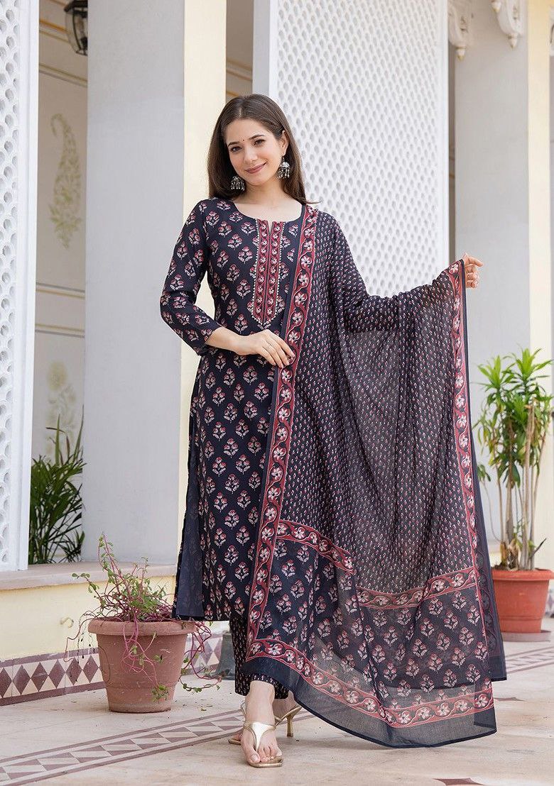 NOZ2TOZ Floral Printed Knee Length V Neck Kurti And Pant Set For Women - Blue - Distacart