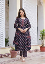 Thumbnail for NOZ2TOZ Floral Printed Knee Length V Neck Kurti And Pant Set For Women - Blue - Distacart