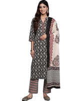 Thumbnail for NOZ2TOZ Women's Printed Knee Length Rayon Kurti And Pant Set With Dupatta - Black - Distacart