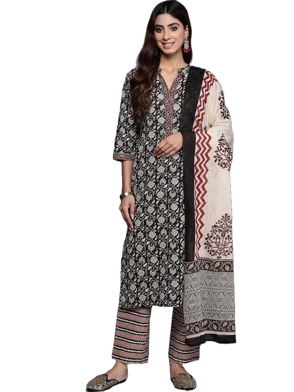 NOZ2TOZ Women's Printed Knee Length Rayon Kurti And Pant Set With Dupatta - Black - Distacart