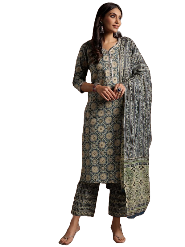 NOZ2TOZ Women Floral Printed Knee Length Kurti And Pant Set With Dupatta - Blue - Distacart