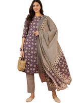 Thumbnail for NOZ2TOZ Women's Printed Knee Length Rayon Kurta Set With Cotton Dupatta - Purple - Distacart