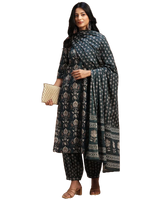 Thumbnail for NOZ2TOZ Women Floral Printed Knee Length Rayon Kurta Set With Printed Dupatta Set - Blue - Distacart