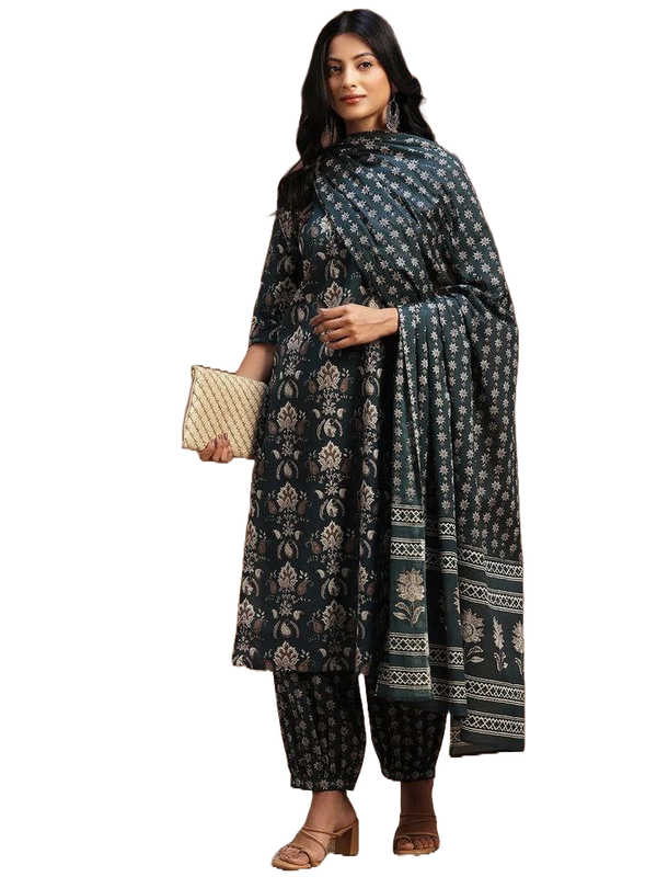 NOZ2TOZ Women Floral Printed Knee Length Rayon Kurta Set With Printed Dupatta Set - Blue - Distacart