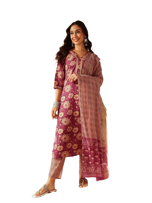 NOZ2TOZ Women's Printed Knee Length Kurta Set With Printed Cotton Dupatta - Purple - Distacart
