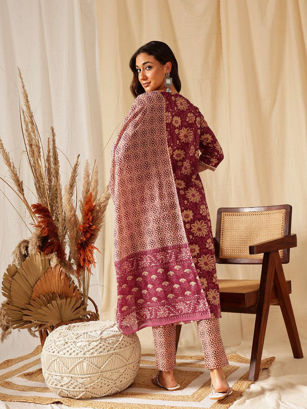 NOZ2TOZ Women's Printed Knee Length Kurta Set With Printed Cotton Dupatta - Purple - Distacart