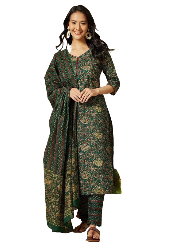NOZ2TOZ Floral Printed Kurti And Pant Set With Printed Dupatta For Women - Green - Distacart