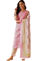 Thumbnail for NOZ2TOZ Women Floral Printed Knee Length Kurti And Pant Set With Cotton Dupatta - Pink - Distacart