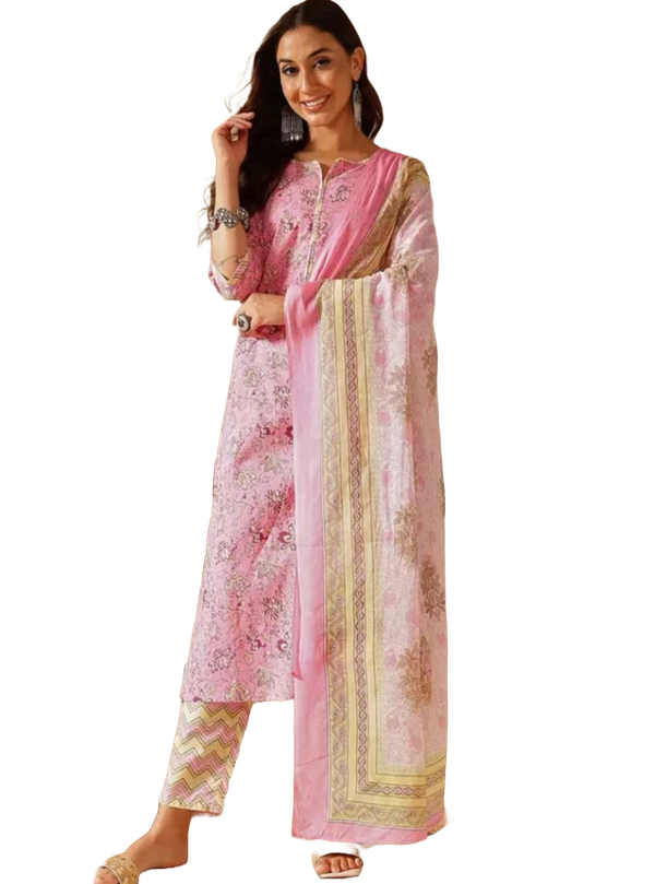 NOZ2TOZ Women Floral Printed Knee Length Kurti And Pant Set With Cotton Dupatta - Pink - Distacart