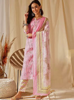 Thumbnail for NOZ2TOZ Women Floral Printed Knee Length Kurti And Pant Set With Cotton Dupatta - Pink - Distacart