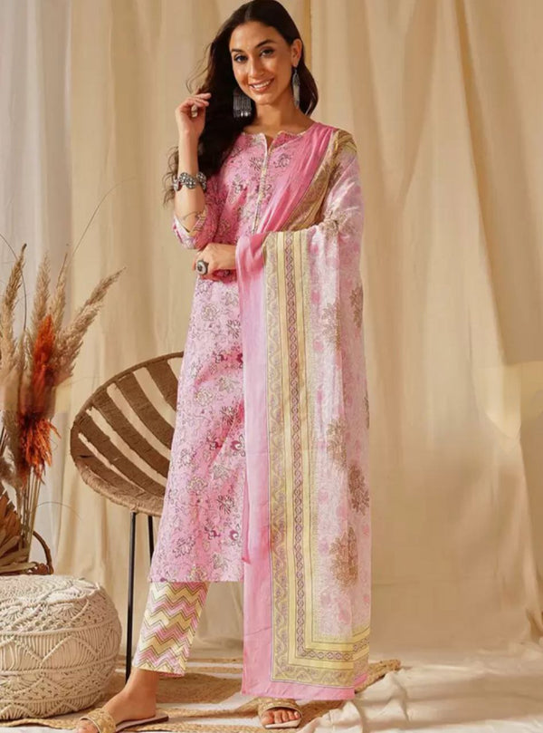 NOZ2TOZ Women Floral Printed Knee Length Kurti And Pant Set With Cotton Dupatta - Pink - Distacart