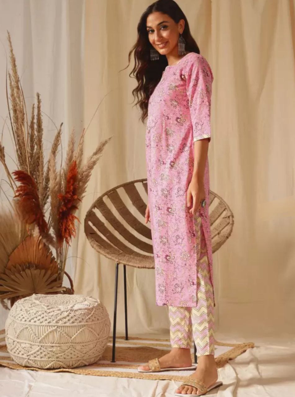 NOZ2TOZ Women Floral Printed Knee Length Kurti And Pant Set With Cotton Dupatta - Pink - Distacart