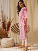 Thumbnail for NOZ2TOZ Women Floral Printed Knee Length Kurti And Pant Set With Cotton Dupatta - Pink - Distacart