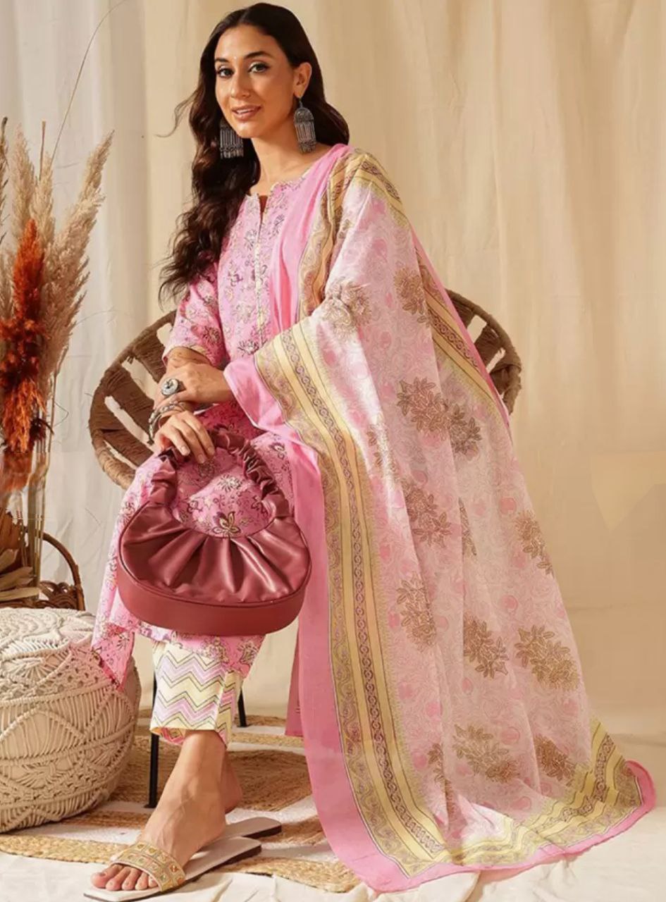 NOZ2TOZ Women Floral Printed Knee Length Kurti And Pant Set With Cotton Dupatta - Pink - Distacart
