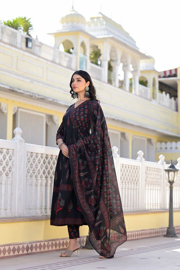 NOZ2TOZ Women Flared Floral Printed Anarkali Kurti And Pant Set With Printed Dupatta - Black - Distacart