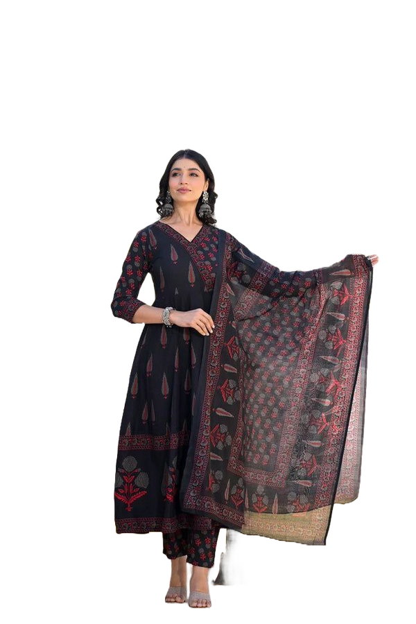 NOZ2TOZ Women Flared Floral Printed Anarkali Kurti And Pant Set With Printed Dupatta - Black - Distacart
