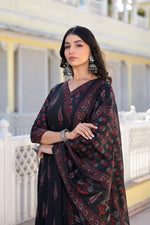 Thumbnail for NOZ2TOZ Women Flared Floral Printed Anarkali Kurti And Pant Set With Printed Dupatta - Black - Distacart