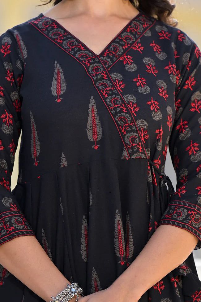 NOZ2TOZ Women Flared Floral Printed Anarkali Kurti And Pant Set With Printed Dupatta - Black - Distacart