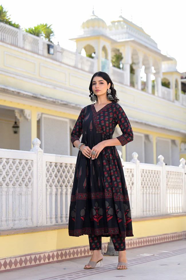 NOZ2TOZ Women Flared Floral Printed Anarkali Kurti And Pant Set With Printed Dupatta - Black - Distacart