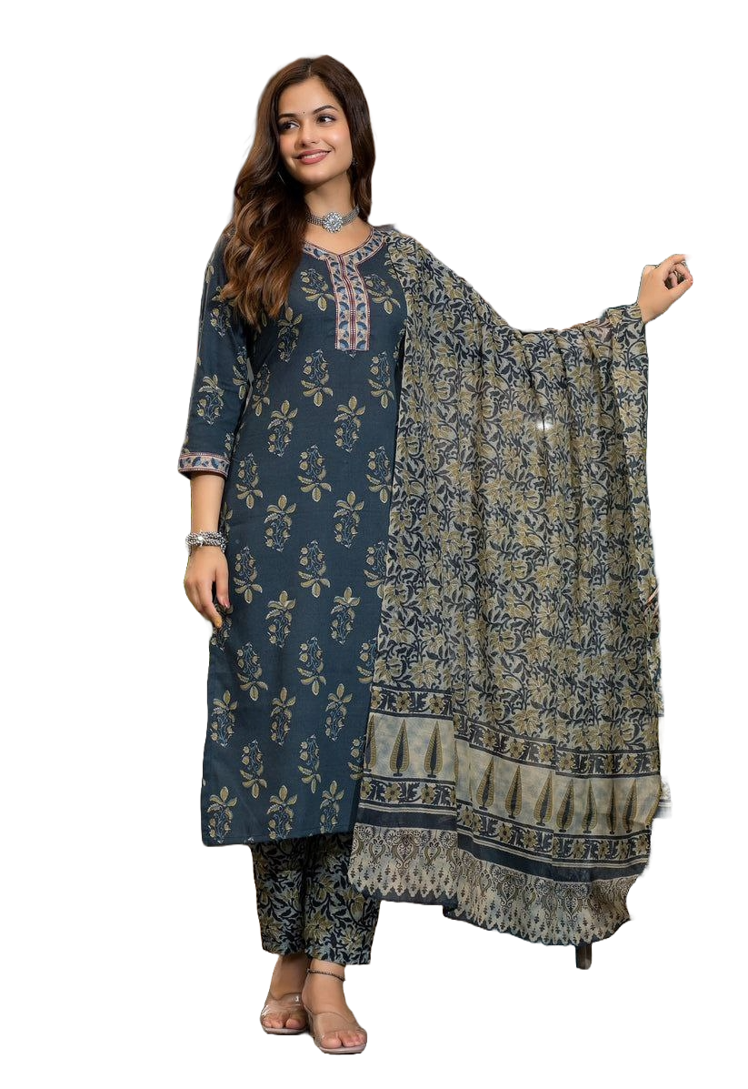 NOZ2TOZ Women Floral Printed Knee Length Round Neck Kurta And Pant Set With Printed Cotton Dupatta - Blue - Distacart