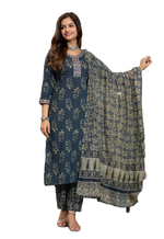 Thumbnail for NOZ2TOZ Women Floral Printed Knee Length Round Neck Kurta And Pant Set With Printed Cotton Dupatta - Blue - Distacart